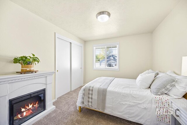 2189 W Rainfall St, Meridian, ID 83646 - bedroom featuring carpet flooring, a glass covered fireplace, a closet, and a textured ceiling