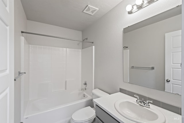 full bath featuring vanity, shower / bathing tub combination, toilet, and visible vents