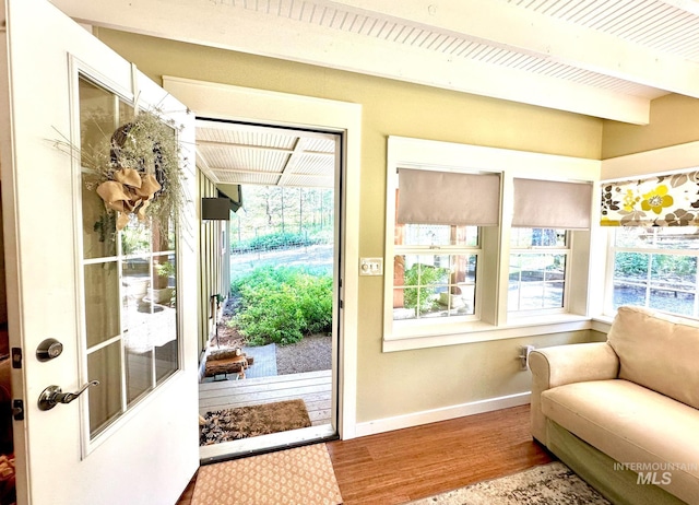 3617 Rubicon St, New Meadows, ID 83612 - doorway to outside with wood finished floors, baseboards, and beamed ceiling