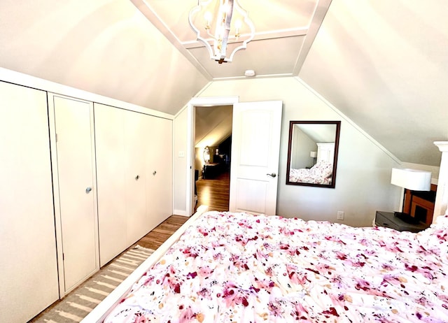 3617 Rubicon St, New Meadows, ID 83612 - bedroom featuring light wood finished floors, a chandelier, vaulted ceiling, and a closet