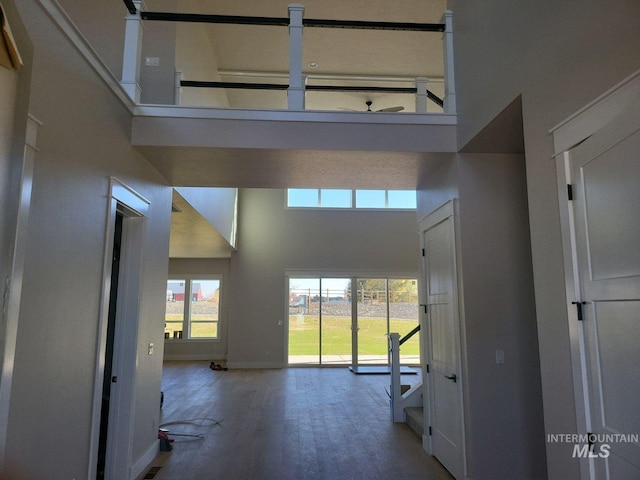 interior space featuring wood-type flooring and a high ceiling