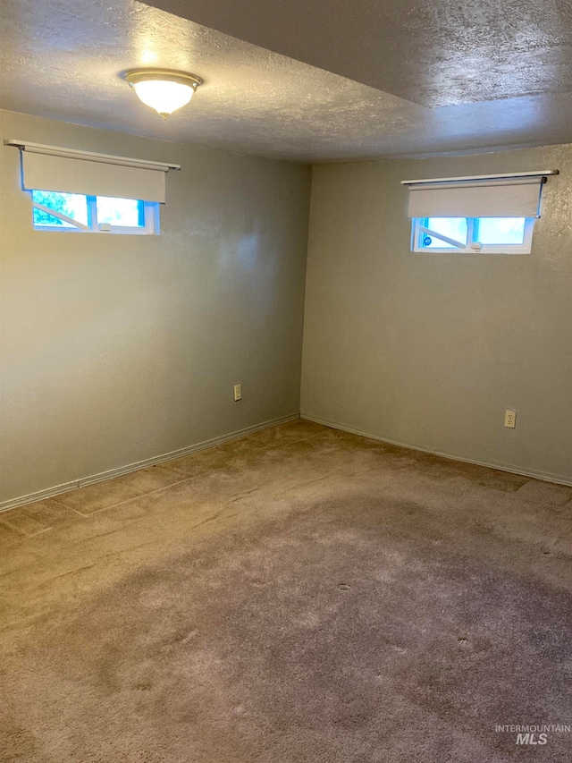 basement featuring carpet and a textured ceiling