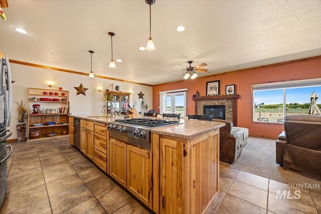 1770 N 3rd St, Nyssa, OR 97913 - kitchen featuring appliances with stainless steel finishes, open floor plan, a sink, a ceiling fan, and hanging light fixtures