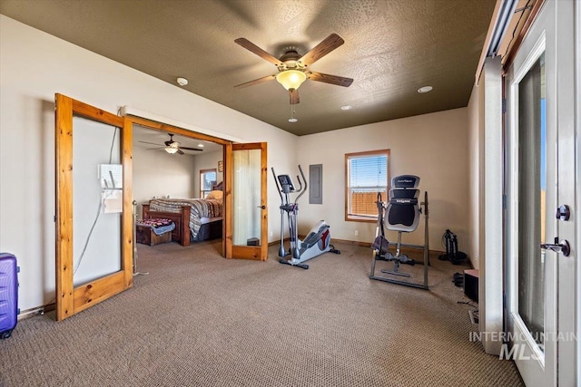 1770 N 3rd St, Nyssa, OR 97913 - workout area with a ceiling fan, carpet flooring, baseboards, a textured ceiling, and electric panel