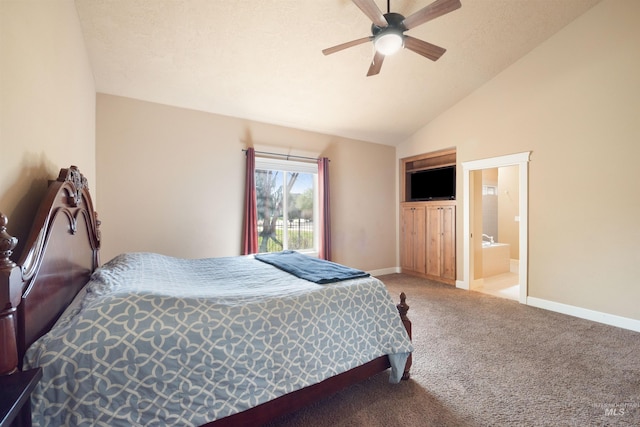 bedroom with ceiling fan, baseboards, vaulted ceiling, and carpet floors