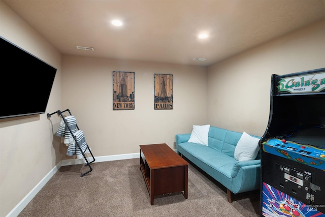 carpeted living room with recessed lighting, visible vents, and baseboards