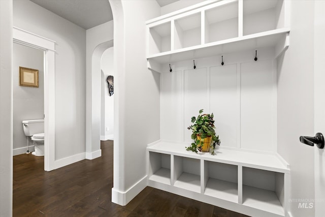 mudroom featuring dark wood-type flooring