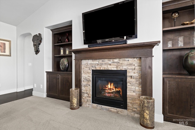 details with carpet flooring, a stone fireplace, and built in features