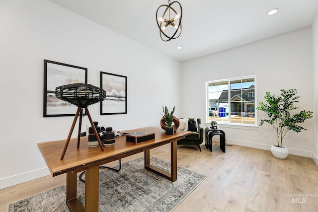 office with recessed lighting, light wood-style floors, and baseboards