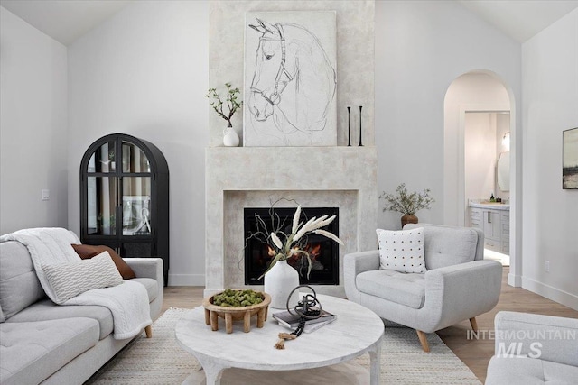 1948 Red Rock Way, Twin Falls, ID 83301 - living area with vaulted ceiling, arched walkways, light wood-type flooring, and a high end fireplace