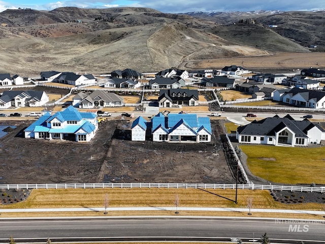 birds eye view of property featuring a mountain view and a residential view