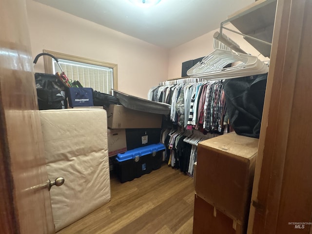 walk in closet with wood finished floors