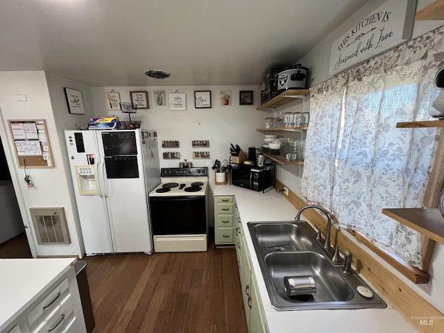 kitchen with electric stove, light countertops, white fridge with ice dispenser, open shelves, and a sink