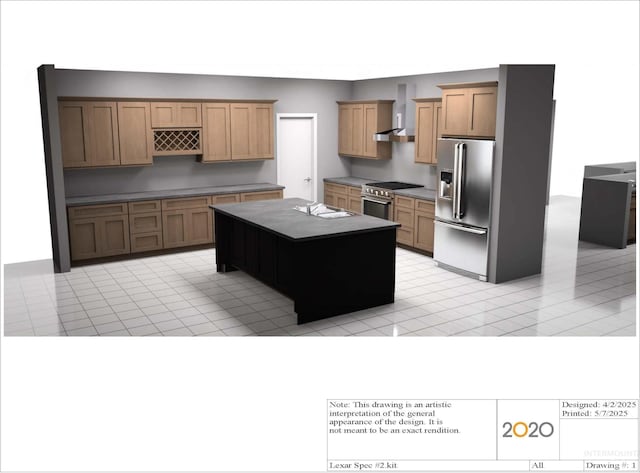 18998 Tranquil Pl, Caldwell, ID 83607 - kitchen featuring stainless steel appliances, wall chimney range hood, a center island, and light tile patterned flooring