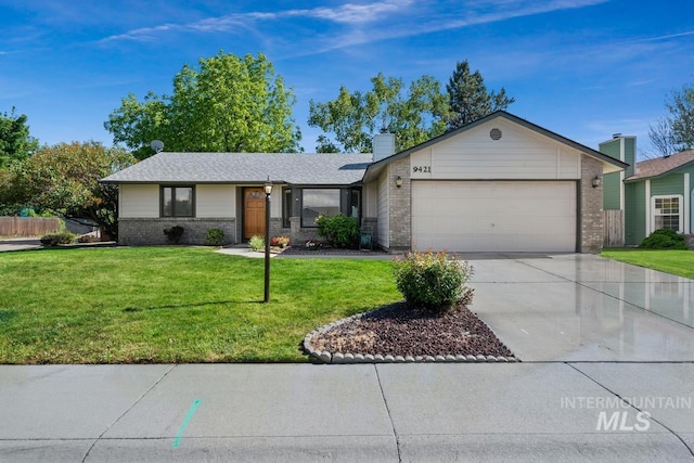 9421 W Rifleman St, Boise, ID 83703 - single story home with brick siding, a garage, a chimney, concrete driveway, and a front lawn