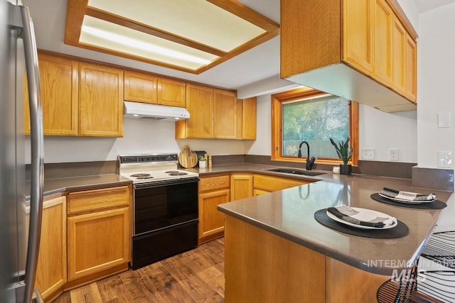 9421 W Rifleman St, Boise, ID 83703 - kitchen featuring range with electric cooktop, freestanding refrigerator, a sink, under cabinet range hood, and a peninsula