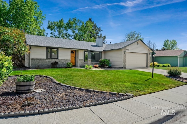 9421 W Rifleman St, Boise, ID 83703 - view of front of property with brick siding, a garage, a front yard, a chimney, and driveway
