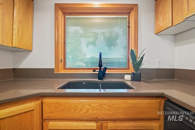 9421 W Rifleman St, Boise, ID 83703 - kitchen featuring a sink, black dishwasher, and dark countertops