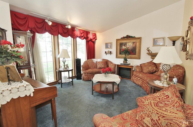 carpeted living room featuring vaulted ceiling and track lighting