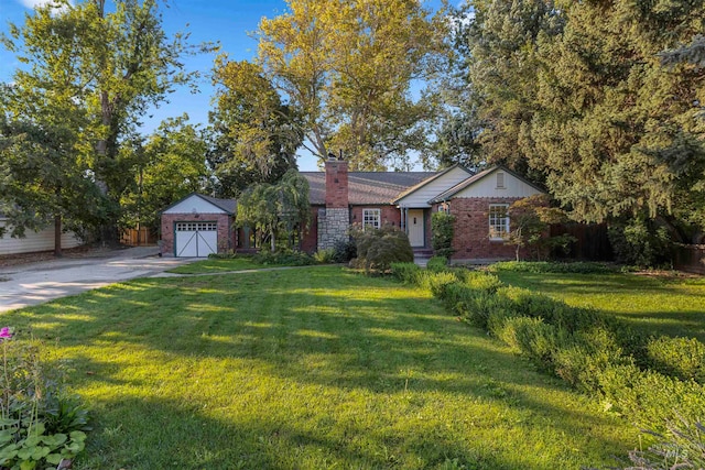 single story home featuring fence, driveway, a chimney, a front lawn, and brick siding