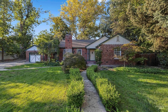 single story home featuring a front lawn, fence, a garage, brick siding, and a chimney