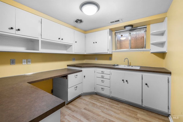 kitchen with dark countertops, a sink, white cabinetry, and open shelves