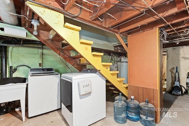 201 9th Ave N, Buhl, ID 83316 - unfinished below grade area featuring independent washer and dryer, water heater, stairway, and a sink