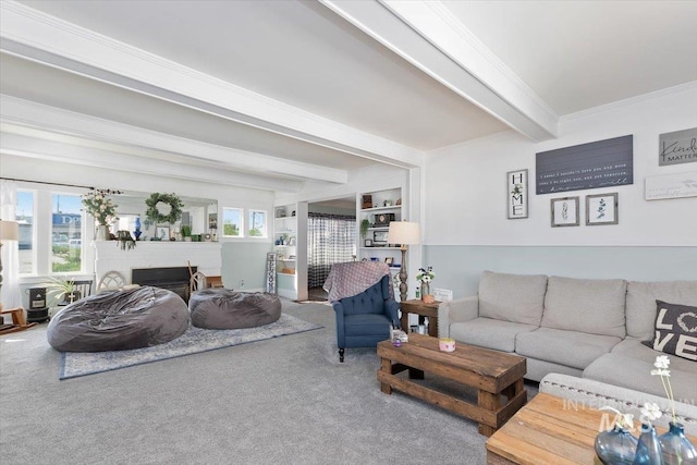 201 9th Ave N, Buhl, ID 83316 - carpeted living area featuring beam ceiling, ornamental molding, a fireplace, and baseboards