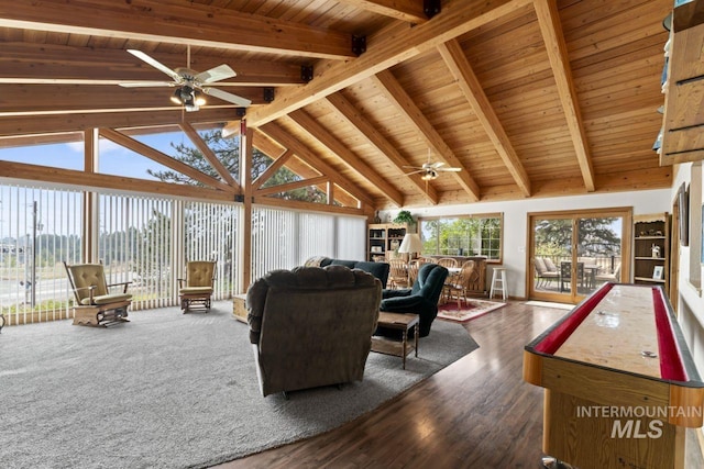 living room featuring vaulted ceiling with beams, a ceiling fan, wood ceiling, and dark wood-style flooring