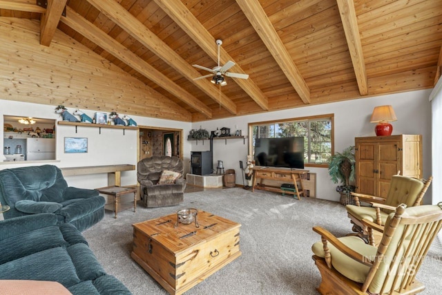 living room featuring wooden ceiling, ceiling fan, lofted ceiling with beams, and carpet floors