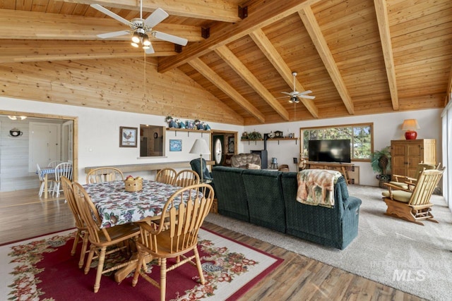 dining room featuring beam ceiling, high vaulted ceiling, a ceiling fan, wooden ceiling, and wood finished floors