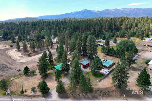 bird's eye view with a forest view and a mountain view