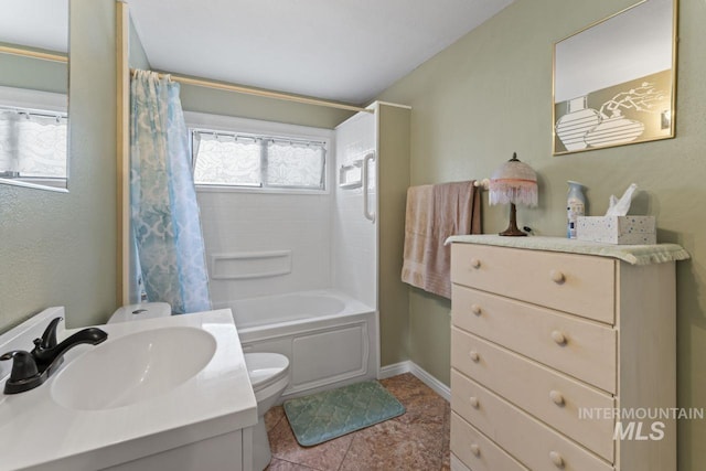 full bath with toilet, shower / bath combination with curtain, tile patterned flooring, and vanity