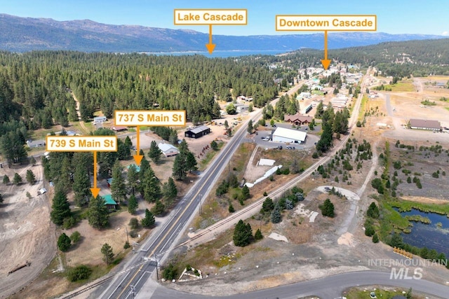 birds eye view of property featuring a mountain view and a wooded view