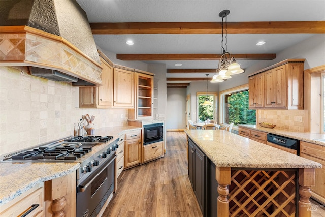 kitchen with beamed ceiling, custom exhaust hood, wood-type flooring, a kitchen island, and stainless steel appliances