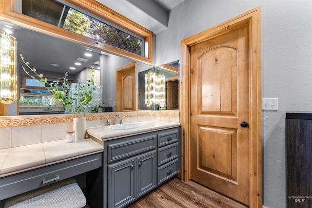 bathroom with hardwood / wood-style flooring, backsplash, and vanity