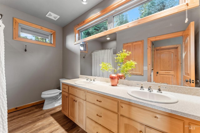 bathroom featuring hardwood / wood-style flooring, toilet, a shower with shower curtain, and vanity