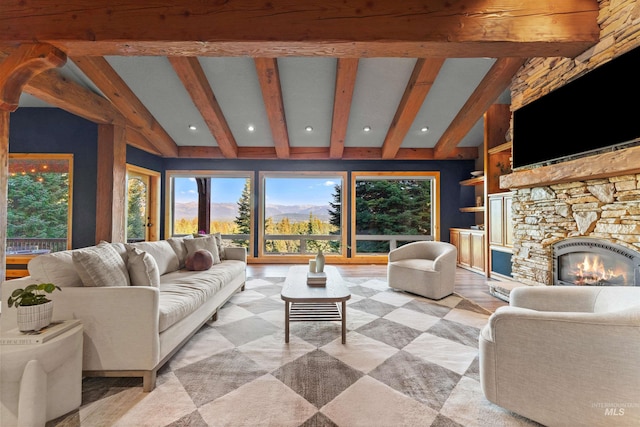 living room featuring a fireplace, built in features, and beam ceiling