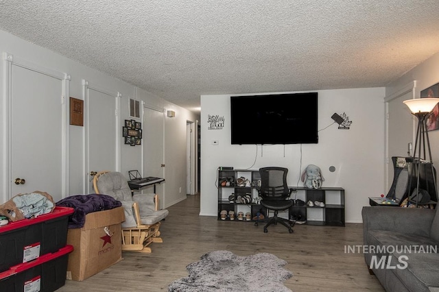 living room featuring hardwood / wood-style flooring and a textured ceiling