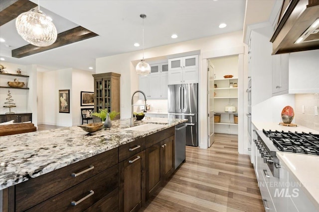 7478 W Palamas, Eagle, ID 83616 - kitchen featuring a sink, extractor fan, stainless steel appliances, white cabinets, and light wood-style floors