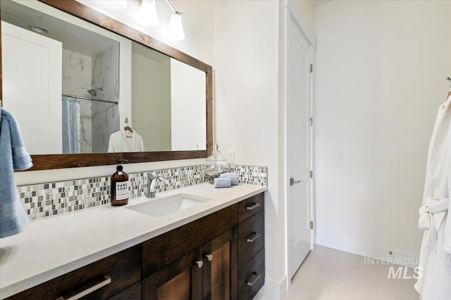 7478 W Palamas, Eagle, ID 83616 - full bath with vanity, backsplash, a shower with curtain, baseboards, and tile patterned flooring