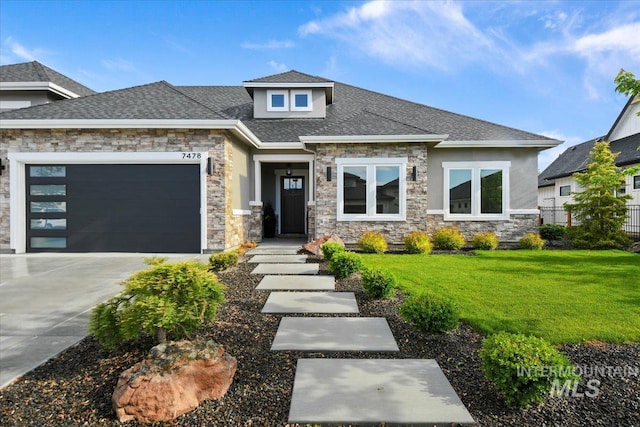 7478 W Palamas, Eagle, ID 83616 - prairie-style house with stone siding, concrete driveway, an attached garage, a shingled roof, and stucco siding