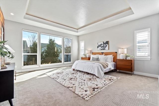 bedroom featuring carpet, a raised ceiling, and baseboards