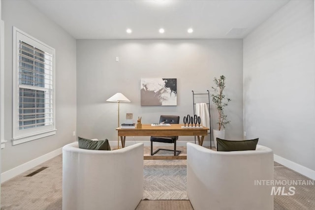 office area featuring recessed lighting, baseboards, visible vents, and carpet flooring