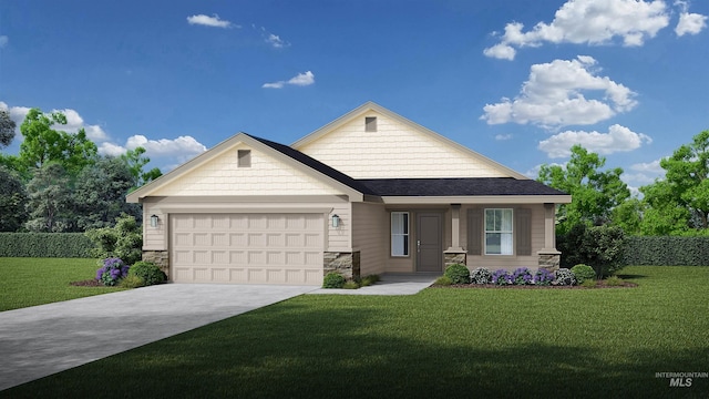 17892 Sunset Ridge Ave, Nampa, ID 83687 - craftsman-style home with a front yard, an attached garage, stone siding, and driveway