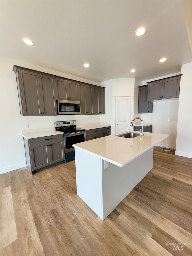 kitchen with sink, an island with sink, light hardwood / wood-style floors, and stainless steel appliances