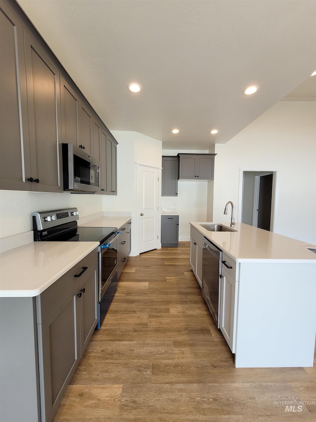 kitchen with gray cabinetry, a center island with sink, light wood-type flooring, appliances with stainless steel finishes, and sink