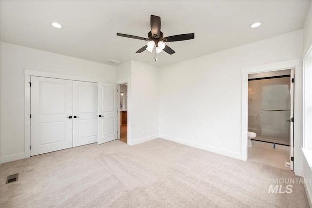 unfurnished bedroom with light carpet, baseboards, visible vents, and recessed lighting