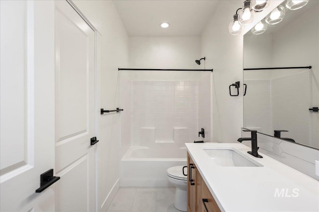 bathroom with tile patterned flooring, vanity, toilet, and recessed lighting