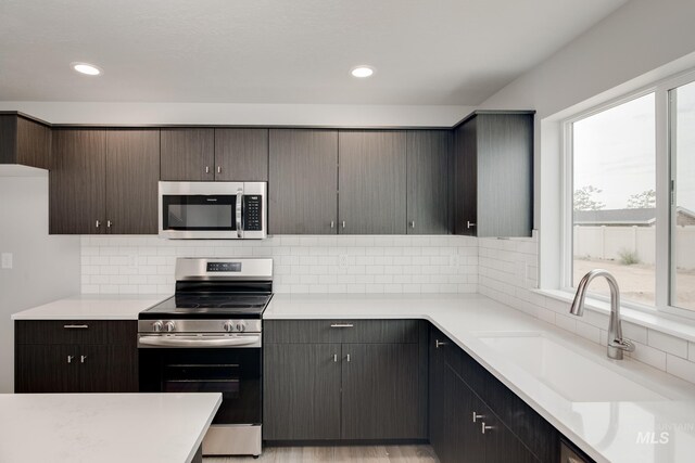 kitchen with tasteful backsplash, sink, dark brown cabinets, and stainless steel appliances